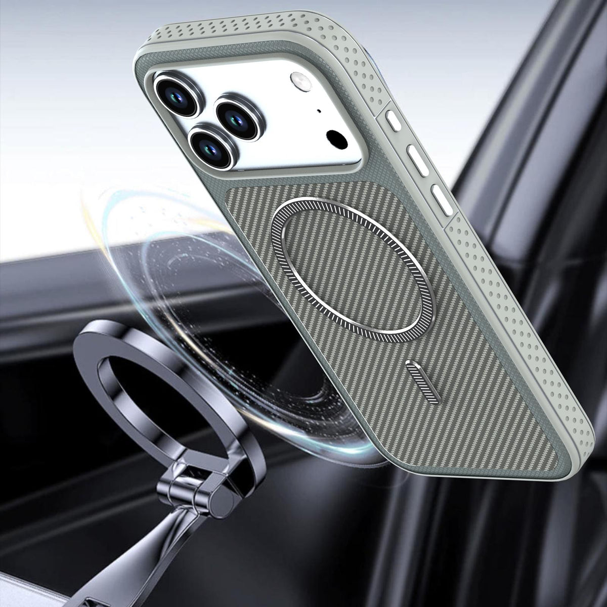 Compatible with iPhone 18 Pro Max Carbon Fiber Texture Vegan Leather Magnetic Phone Case - Grey