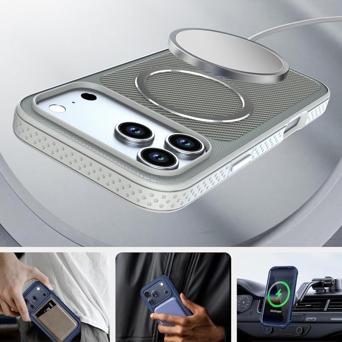 Compatible with iPhone 18 Pro Max Carbon Fiber Texture Vegan Leather Magnetic Phone Case - Grey