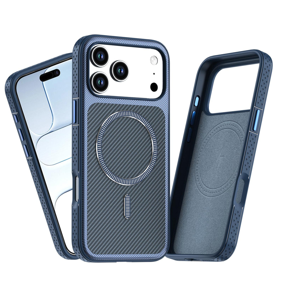 Compatible with iPhone 18 Pro Max Carbon Fiber Texture Vegan Leather Magnetic Phone Case - Blue