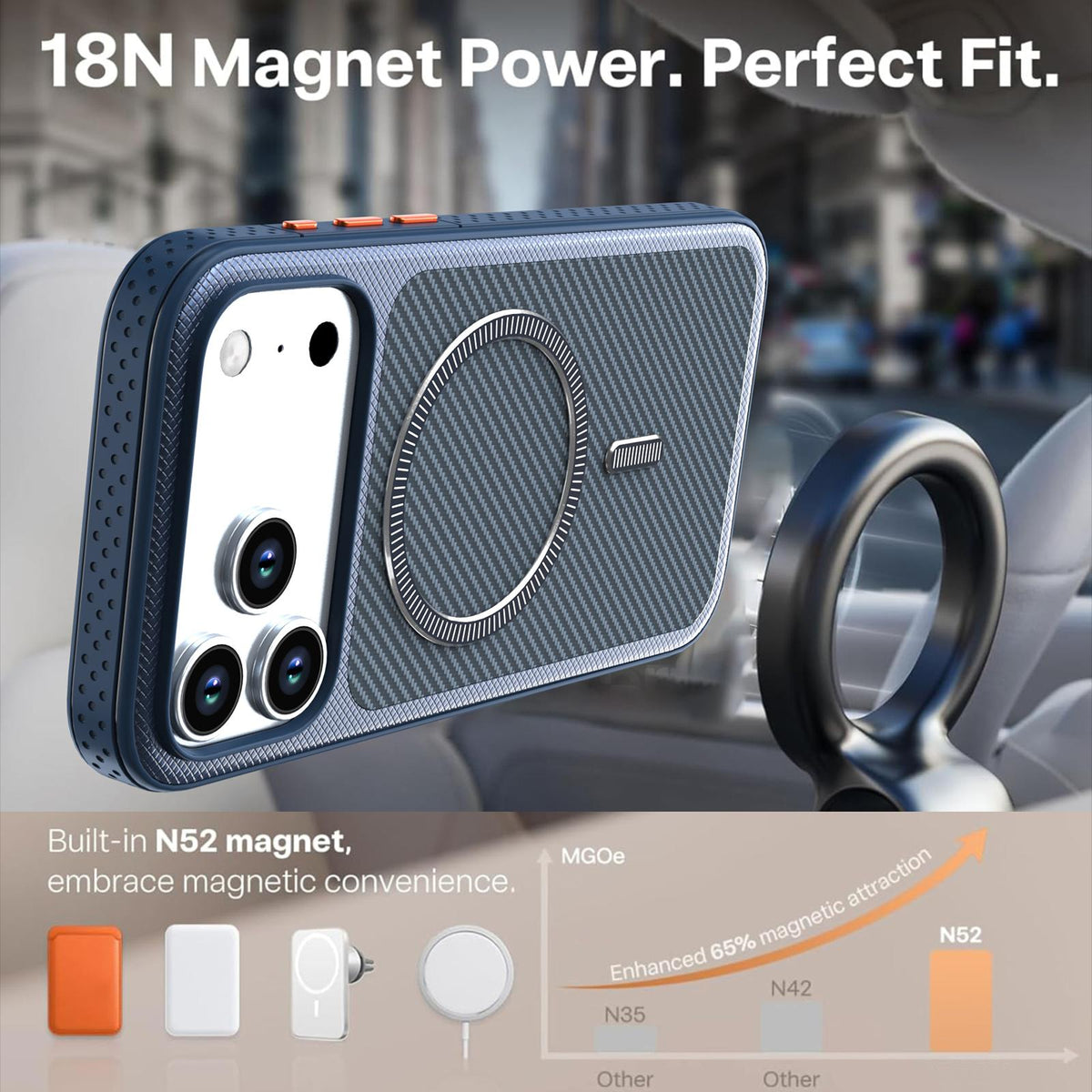 Compatible with iPhone 18 Pro Max Carbon Fiber Texture Vegan Leather Magnetic Phone Case - Blue