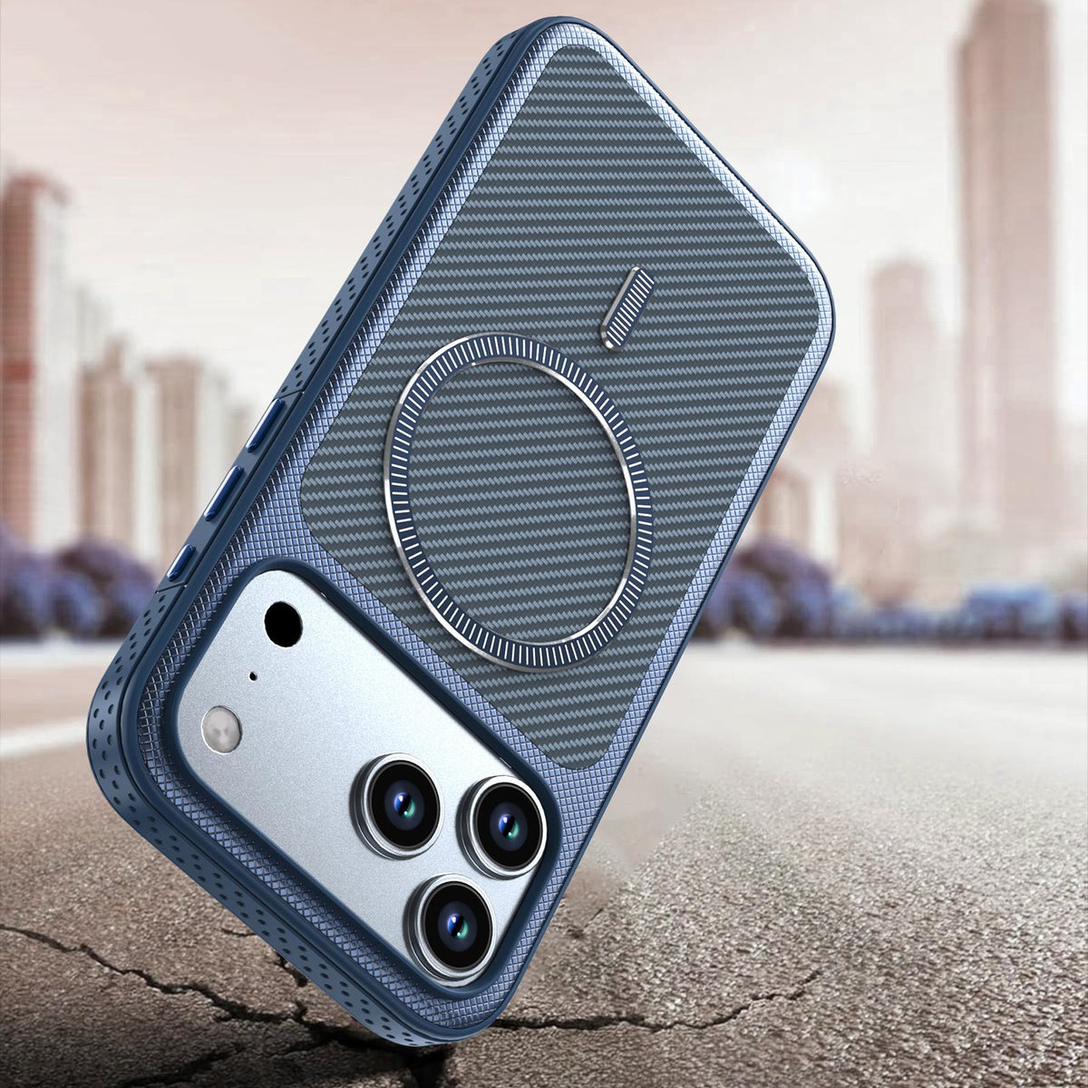 Compatible with iPhone 18 Pro Max Carbon Fiber Texture Vegan Leather Magnetic Phone Case - Blue