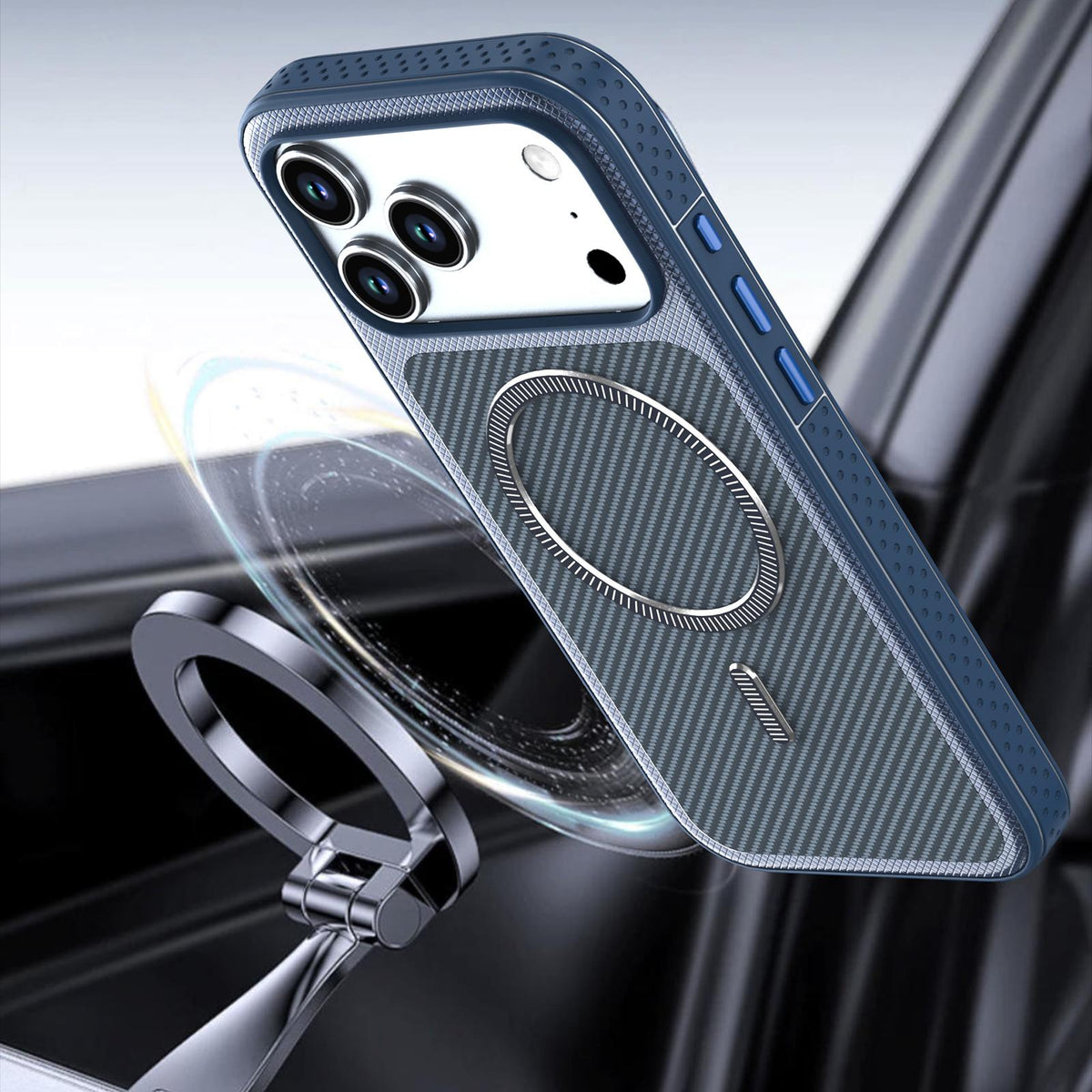 Compatible with iPhone 18 Pro Max Carbon Fiber Texture Vegan Leather Magnetic Phone Case - Blue