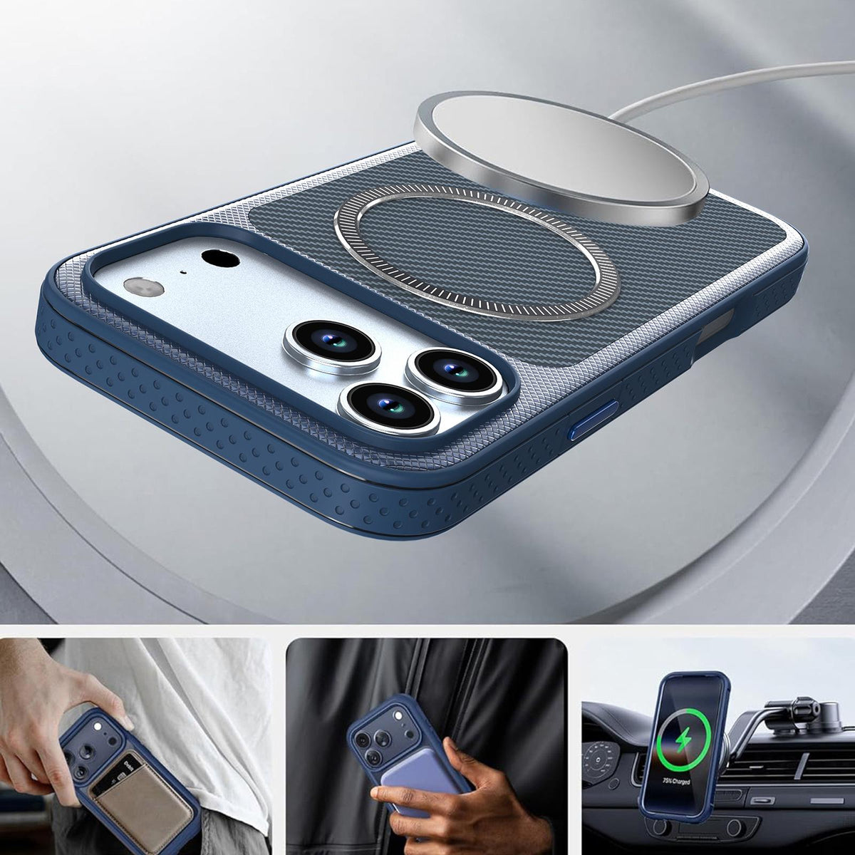 Compatible with iPhone 18 Pro Max Carbon Fiber Texture Vegan Leather Magnetic Phone Case - Blue