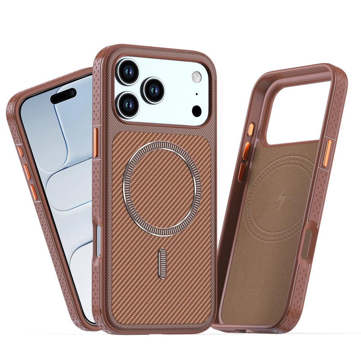 Compatible with iPhone 18 Pro Max Carbon Fiber Texture Vegan Leather Magnetic Phone Case - Brown