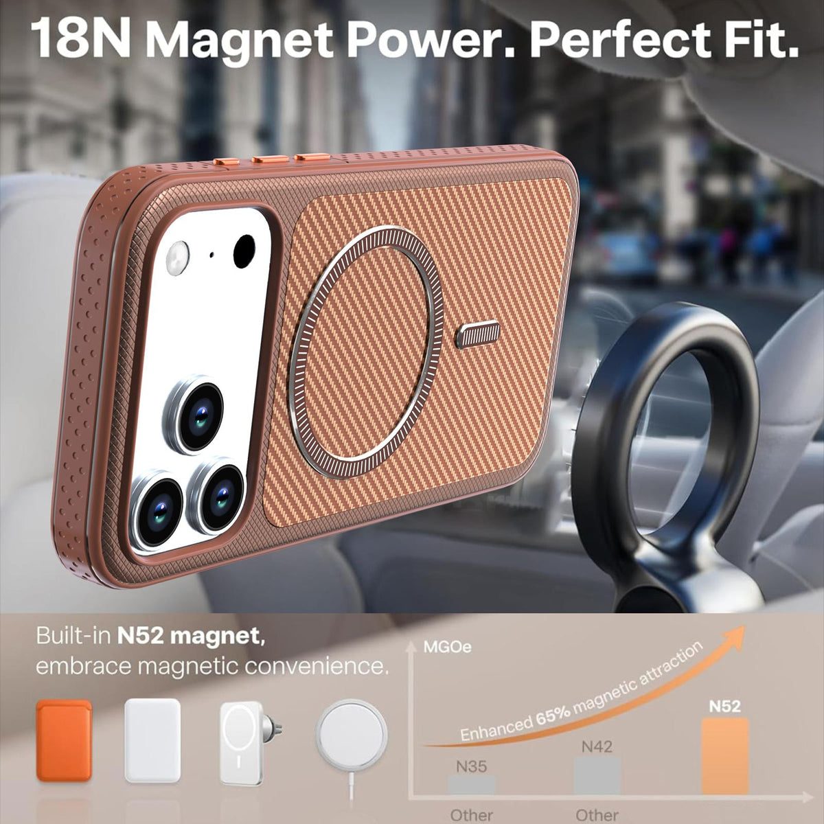 Compatible with iPhone 18 Pro Max Carbon Fiber Texture Vegan Leather Magnetic Phone Case - Brown
