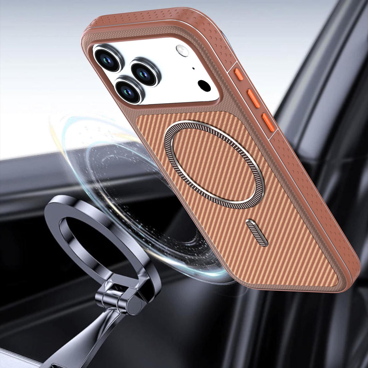 Compatible with iPhone 18 Pro Max Carbon Fiber Texture Vegan Leather Magnetic Phone Case - Brown