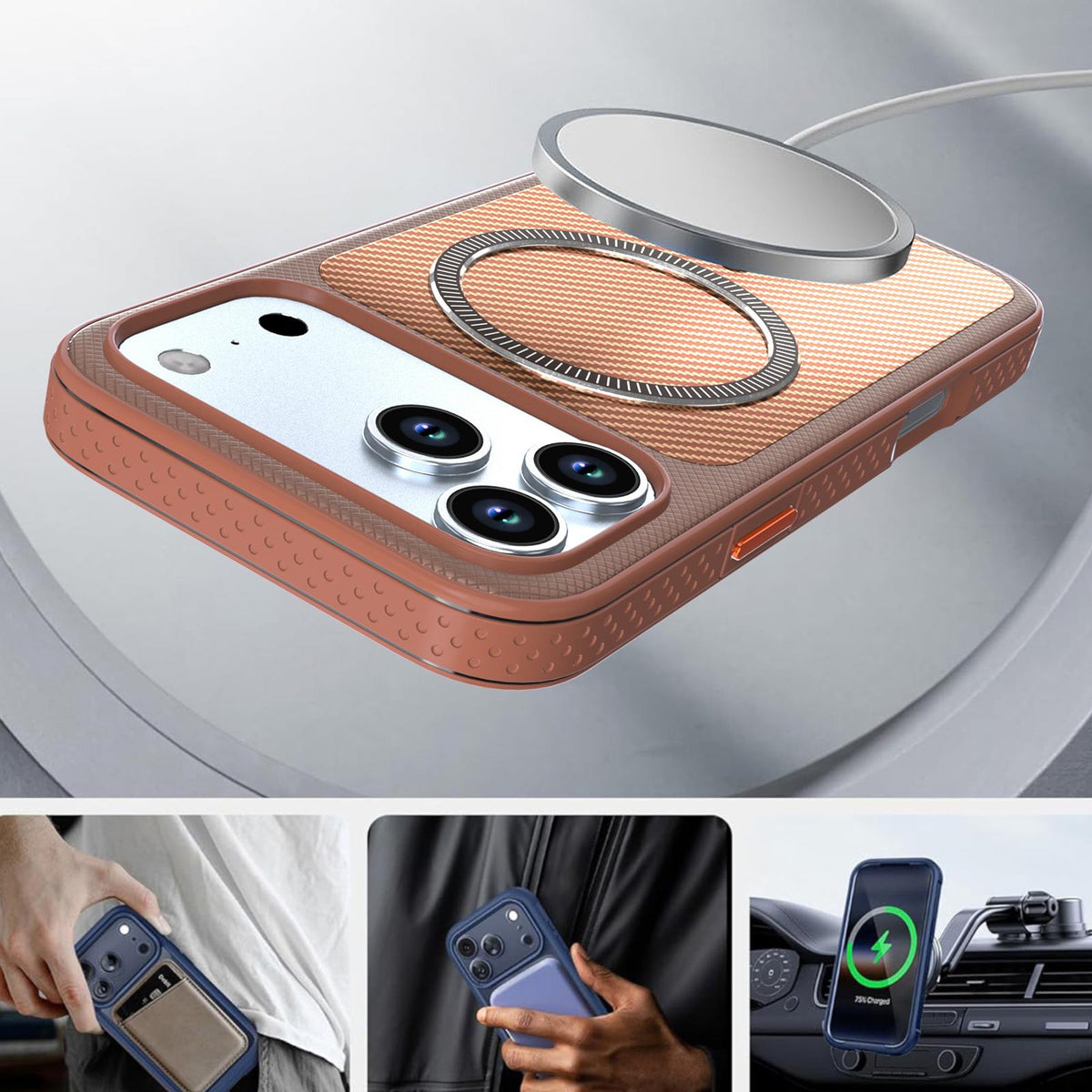 Compatible with iPhone 18 Pro Max Carbon Fiber Texture Vegan Leather Magnetic Phone Case - Brown