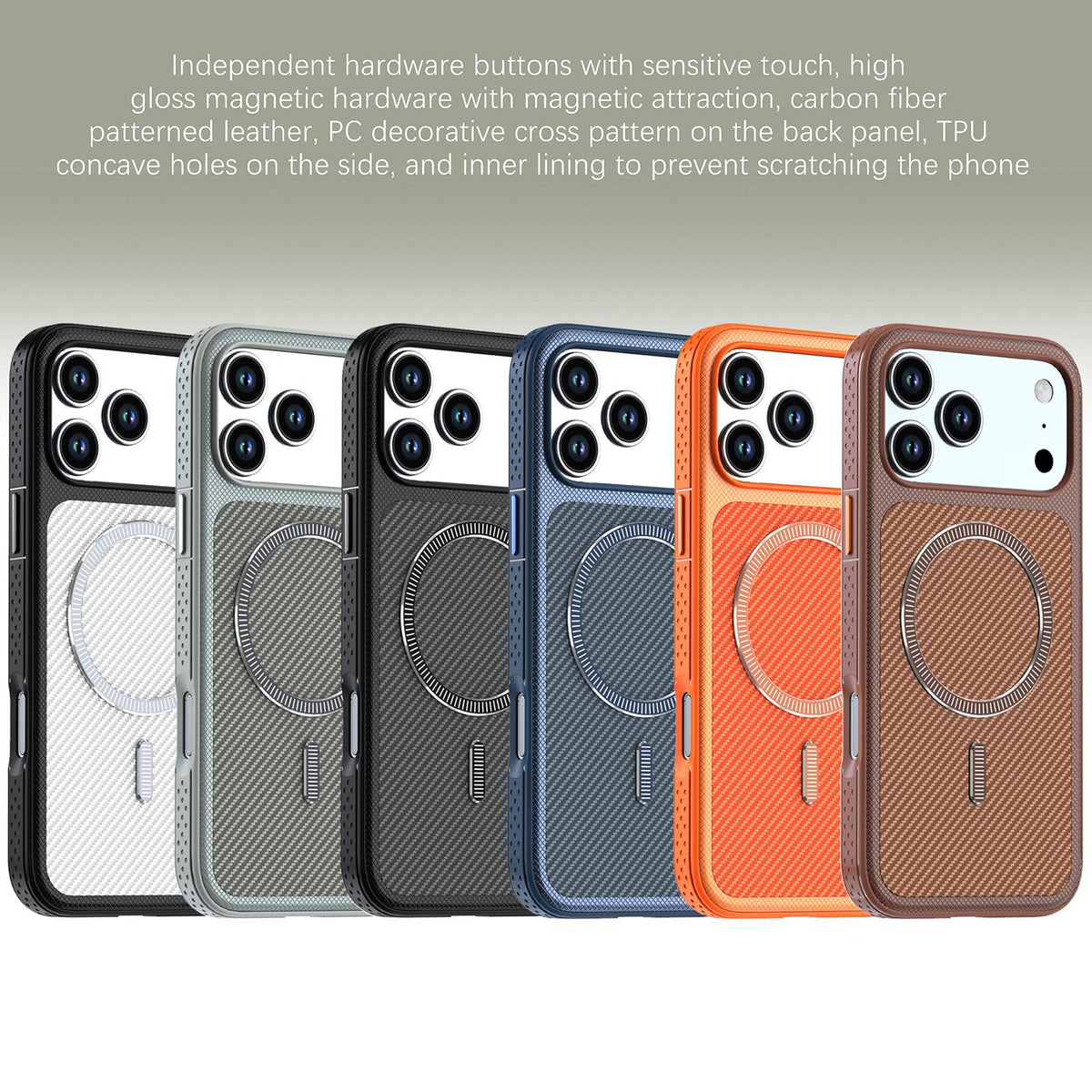 Compatible with iPhone 18 Pro Max Carbon Fiber Texture Vegan Leather Magnetic Phone Case - Orange