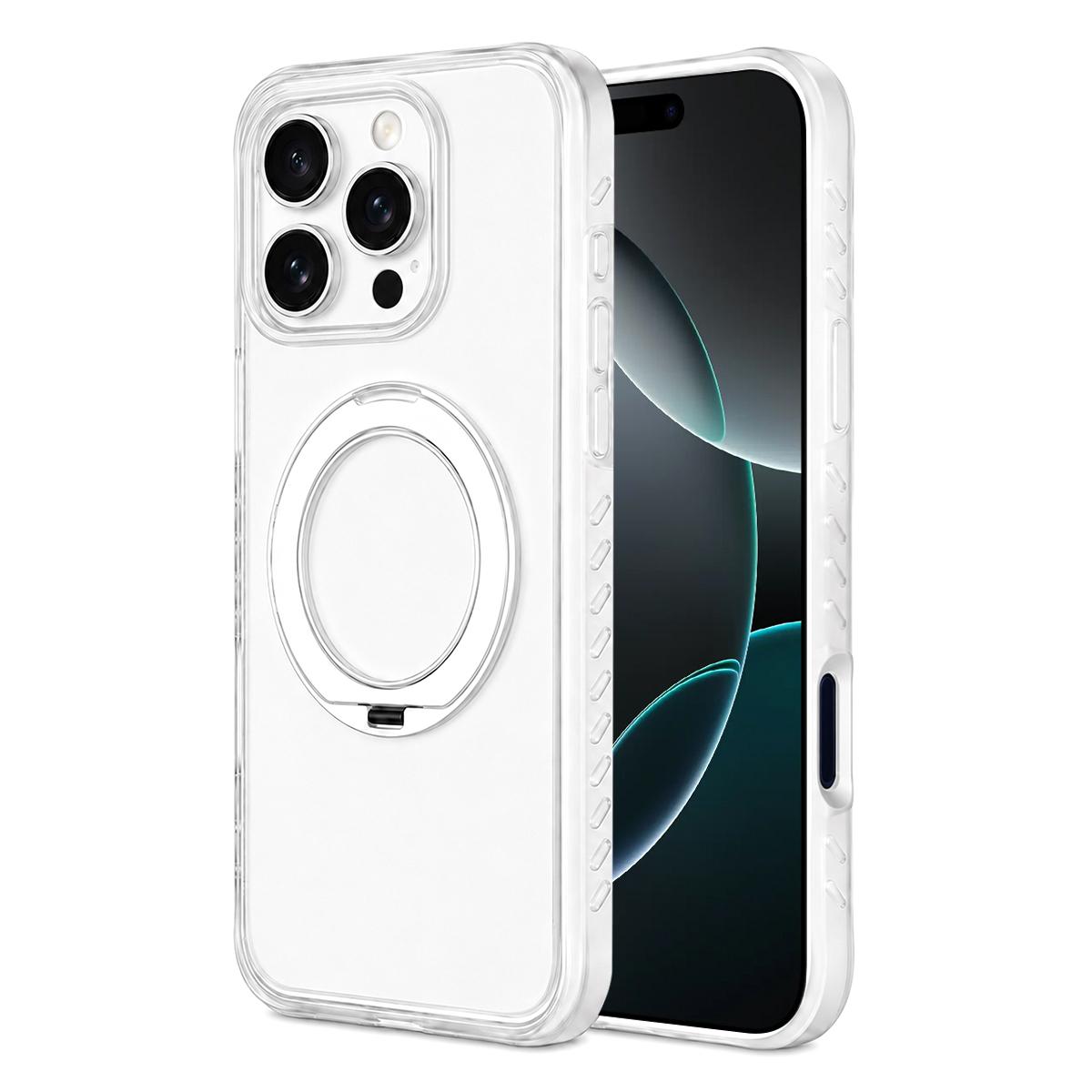 Compatible with iPhone 16 Pro Matte Translucent 360 Rotation Magnetic Holder Phone Case - Platinum White