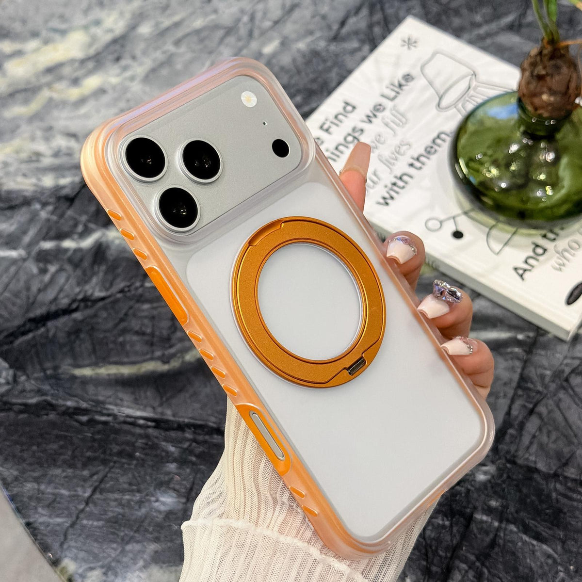 Compatible with iPhone 18 Pro Max Matte Translucent 360 Rotation Magnetic Holder Phone Case - Sunset Orange