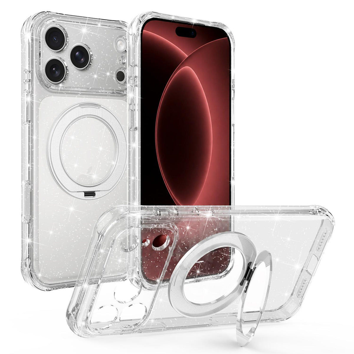 Compatible with iPhone 18 Pro Glitter 360 Rotation Magnetic Holder Phone Case - White