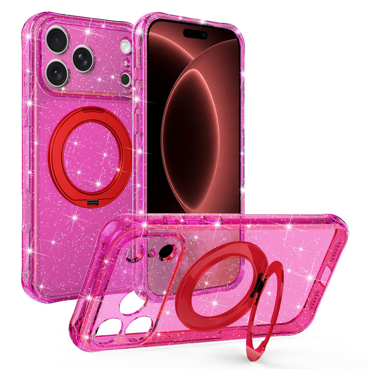 Compatible with iPhone 18 Pro Max Glitter 360 Rotation Magnetic Holder Phone Case - Rose Red
