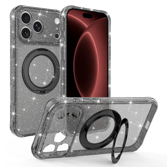 Compatible with iPhone 18 Pro Max Glitter 360 Rotation Magnetic Holder Phone Case - Black