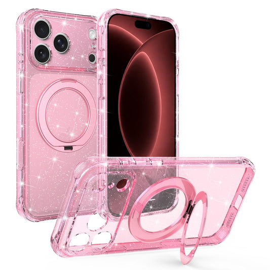 Compatible with iPhone 18 Pro Max Glitter 360 Rotation Magnetic Holder Phone Case - Pink