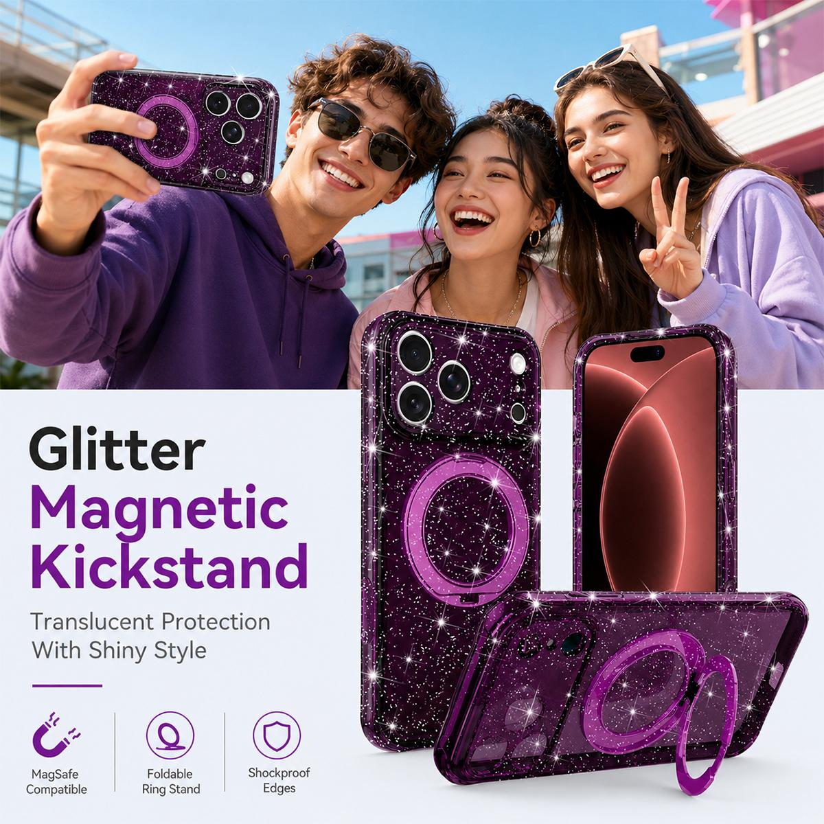 Compatible with iPhone 18 Pro Glitter 360 Rotation Magnetic Holder Phone Case - Cherry Red