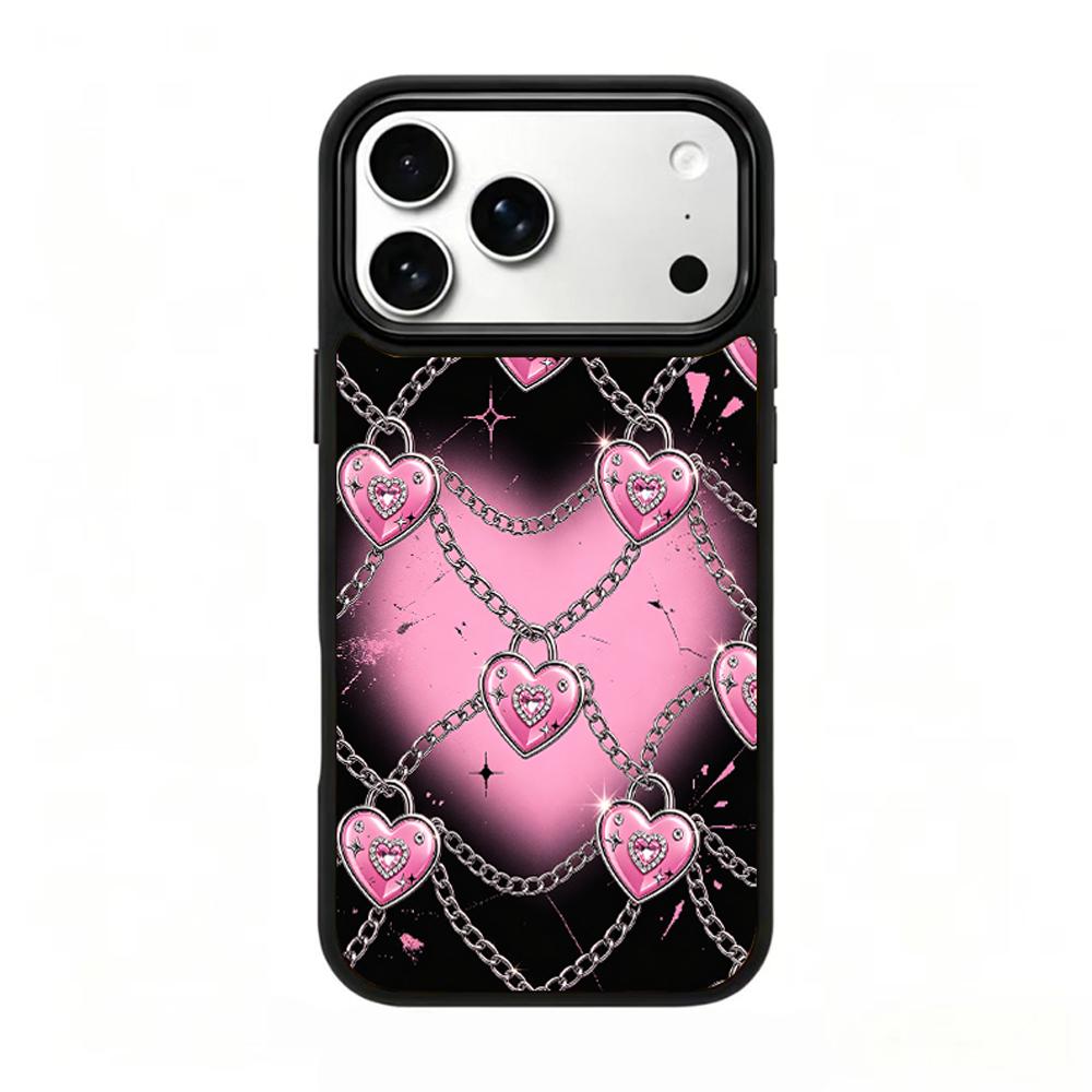 Compatible with iPhone 18 Pro Max & 17 Pro Max Colorful Painting PC Silicone Magnetic Phone Case - Black Pink Hot Girl Heart Chain