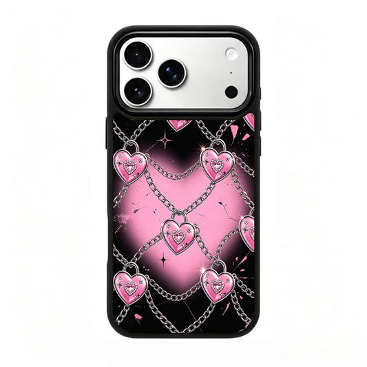 Compatible with iPhone 18 Pro Max & 17 Pro Max Colorful Painting PC Silicone Magnetic Phone Case - Black Pink Hot Girl Heart Chain