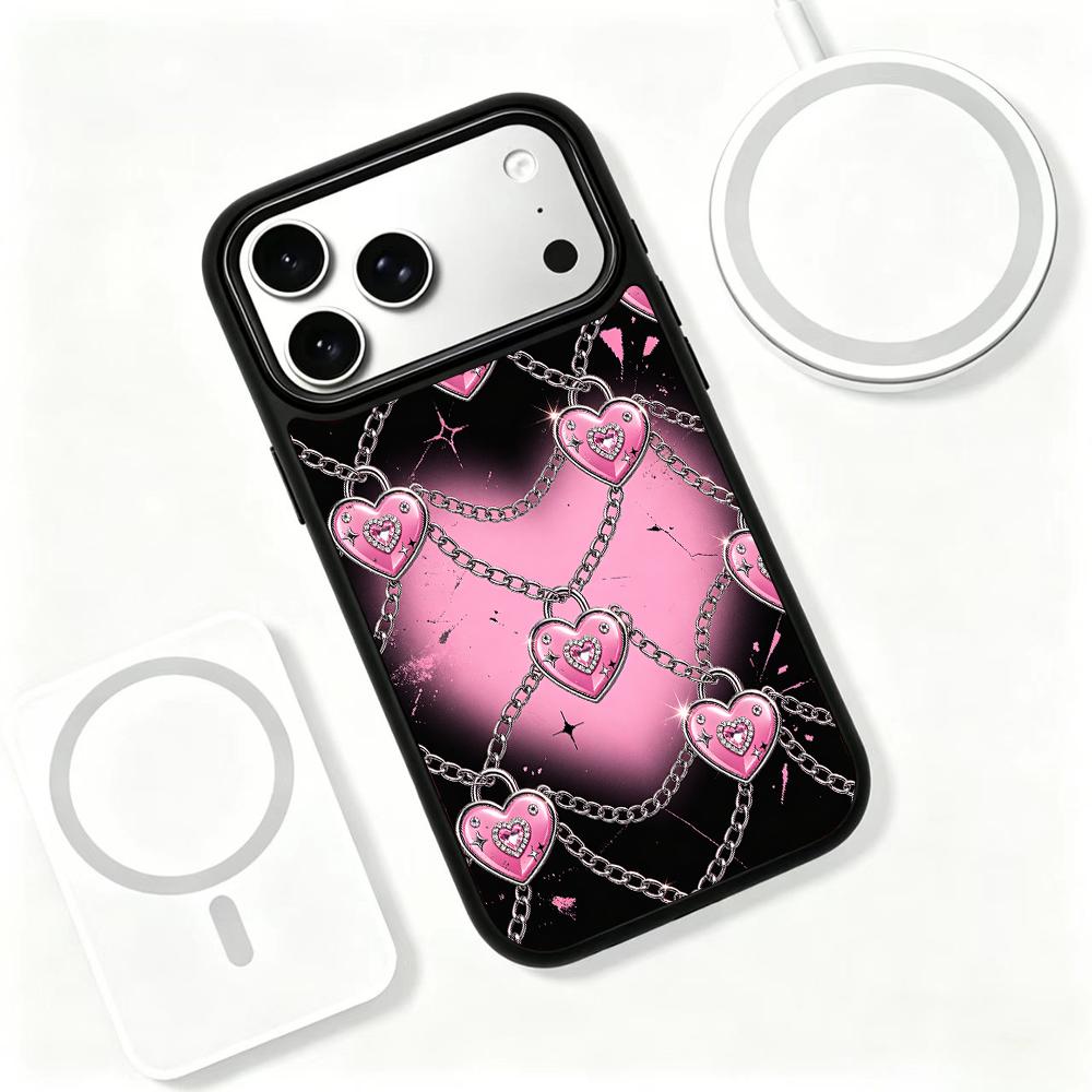 Compatible with iPhone 18 Pro Max & 17 Pro Max Colorful Painting PC Silicone Magnetic Phone Case - Black Pink Hot Girl Heart Chain