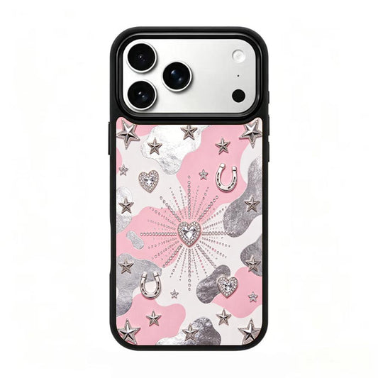 Compatible with iPhone 18 Pro Max & 17 Pro Max Colorful Painting PC Silicone Magnetic Phone Case - Pink Silver Heart Star Pattern
