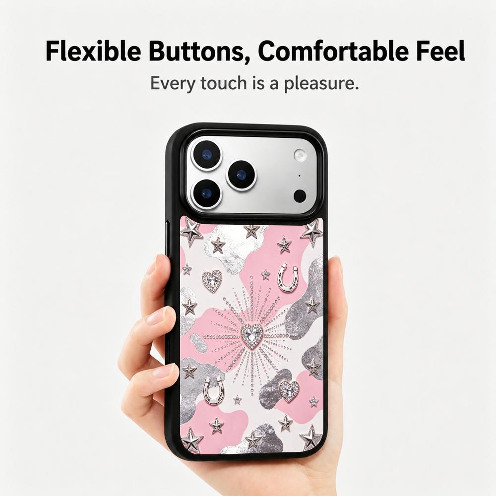 Compatible with iPhone 18 Pro Max & 17 Pro Max Colorful Painting PC Silicone Magnetic Phone Case - Pink Silver Heart Star Pattern