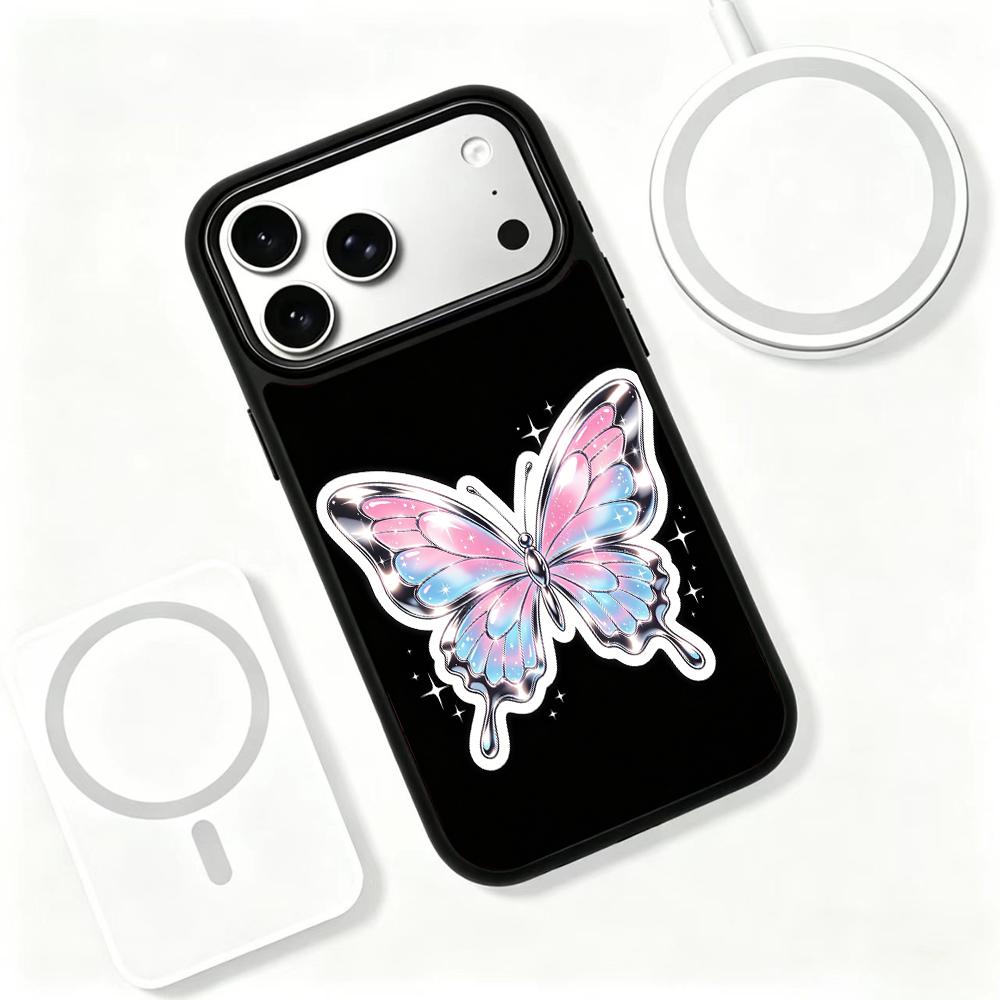 Compatible with iPhone 18 Pro Max & 17 Pro Max Colorful Painting PC Silicone Magnetic Phone Case - Gradient Chrome Butterfly