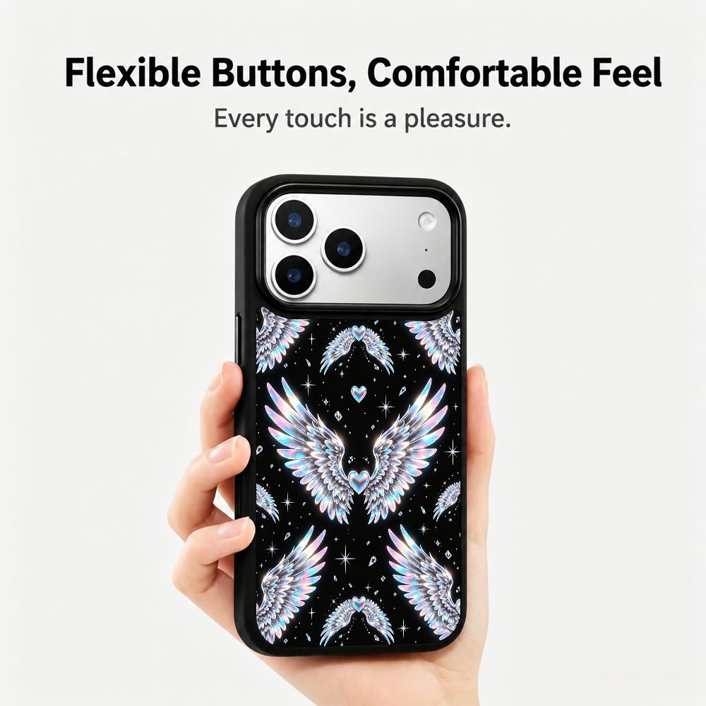 Compatible with iPhone 18 Pro Max & 17 Pro Max Colorful Painting PC Silicone Magnetic Phone Case - Holographic Silver Wing Heart Print