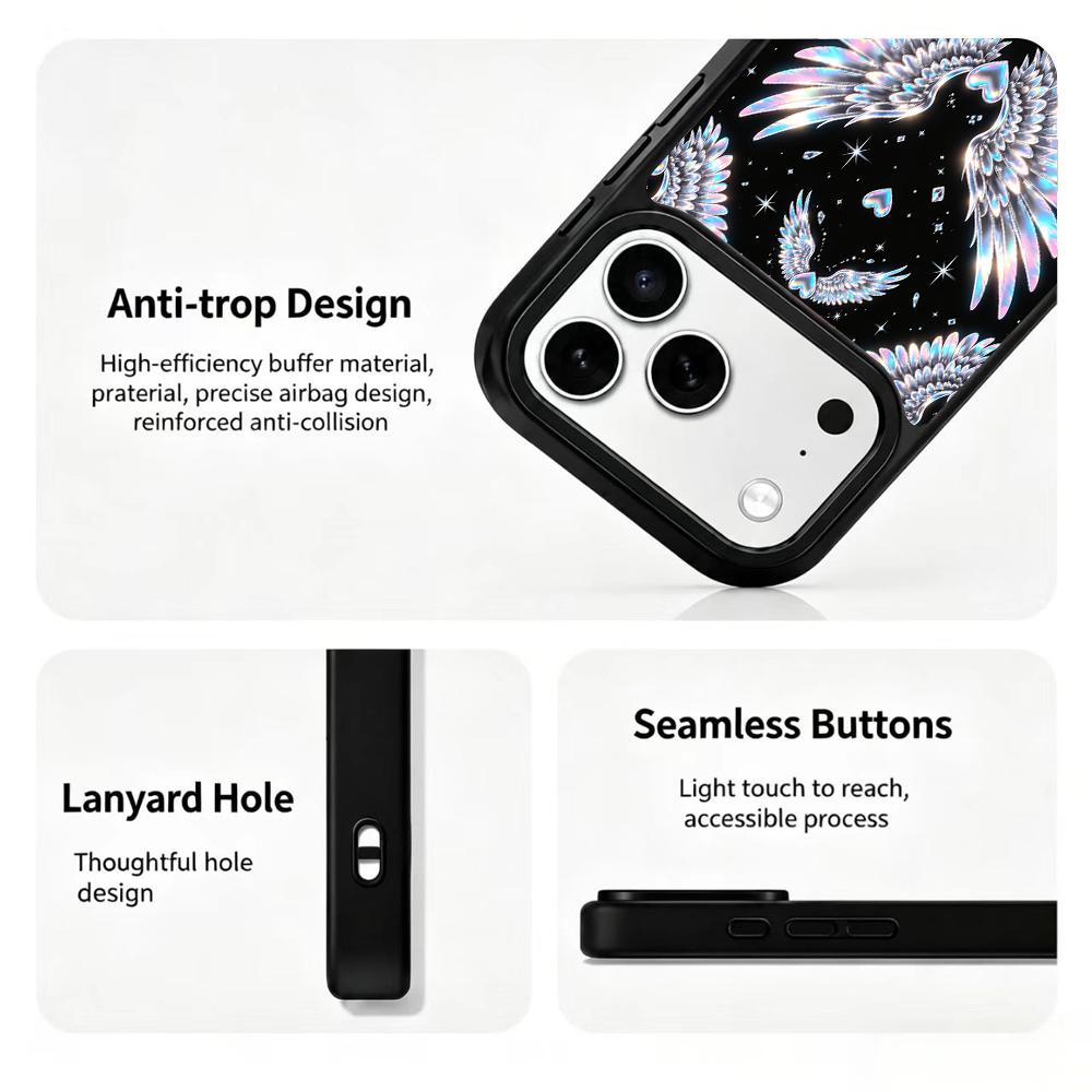 Compatible with iPhone 18 Pro Max & 17 Pro Max Colorful Painting PC Silicone Magnetic Phone Case - Holographic Silver Wing Heart Print