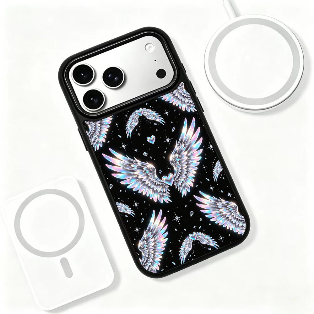 Compatible with iPhone 18 Pro Max & 17 Pro Max Colorful Painting PC Silicone Magnetic Phone Case - Holographic Silver Wing Heart Print