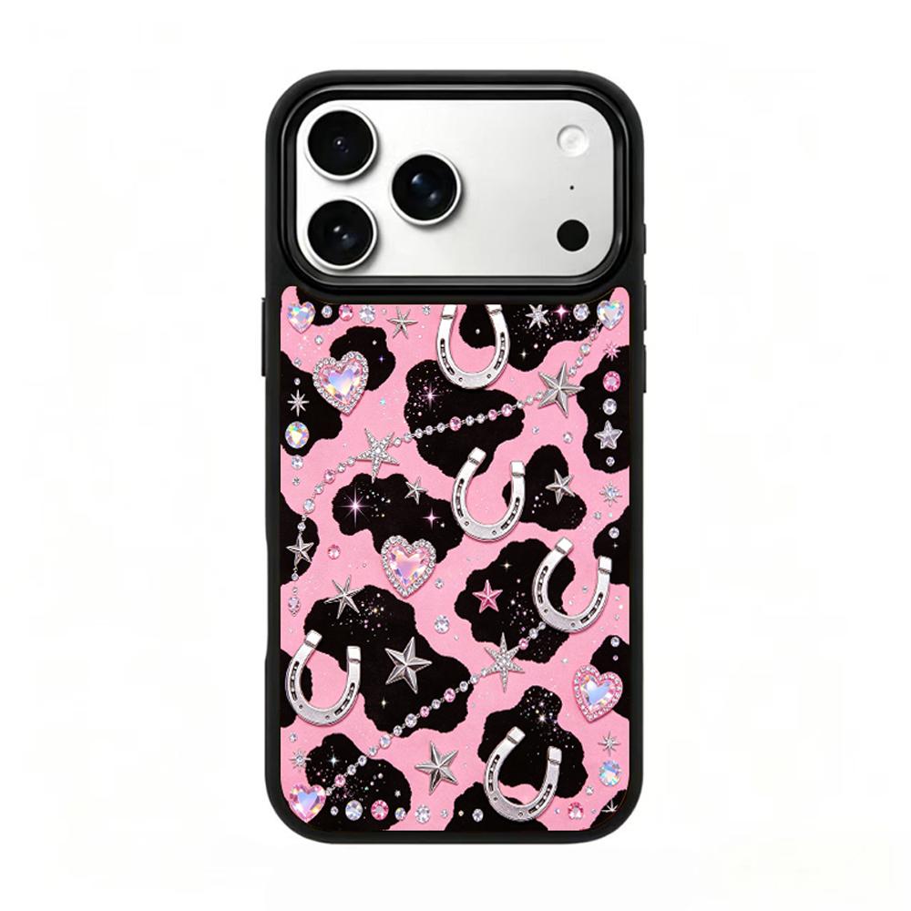 Compatible with iPhone 18 Pro Max & 17 Pro Max Colorful Painting PC Silicone Magnetic Phone Case - Black Pink Cow Silver Pattern