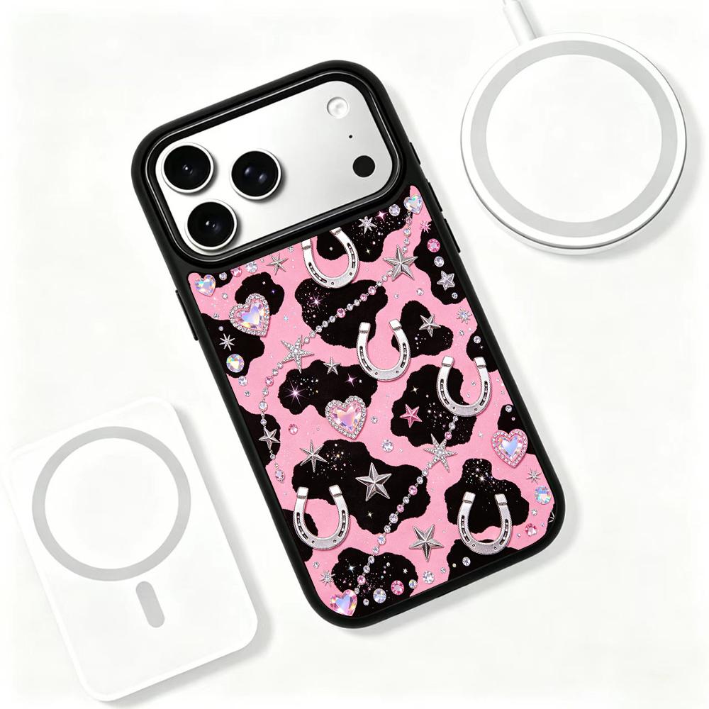 Compatible with iPhone 18 Pro Max & 17 Pro Max Colorful Painting PC Silicone Magnetic Phone Case - Black Pink Cow Silver Pattern
