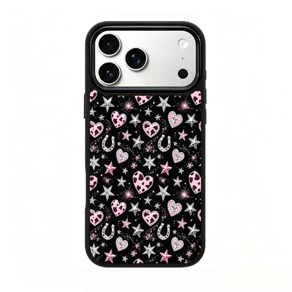 Compatible with iPhone 18 Pro Max & 17 Pro Max Colorful Painting PC Silicone Magnetic Phone Case - Black Background Pink Cow Heart Print