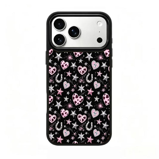 Compatible with iPhone 18 Pro Max & 17 Pro Max Colorful Painting PC Silicone Magnetic Phone Case - Black Background Pink Cow Heart Print