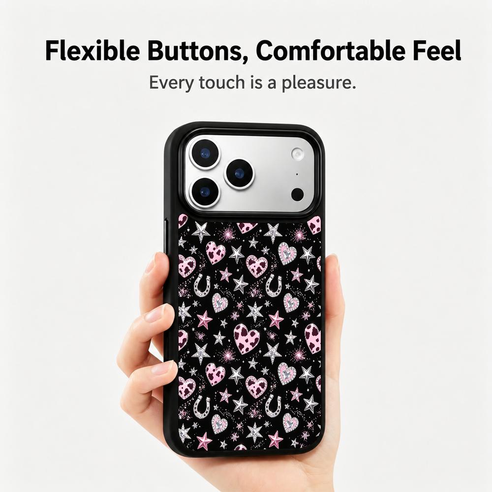 Compatible with iPhone 18 Pro Max & 17 Pro Max Colorful Painting PC Silicone Magnetic Phone Case - Black Background Pink Cow Heart Print