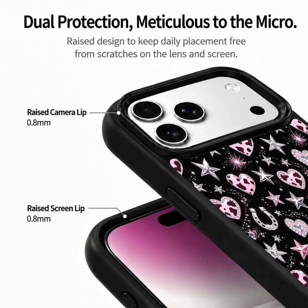 Compatible with iPhone 18 Pro Max & 17 Pro Max Colorful Painting PC Silicone Magnetic Phone Case - Black Background Pink Cow Heart Print