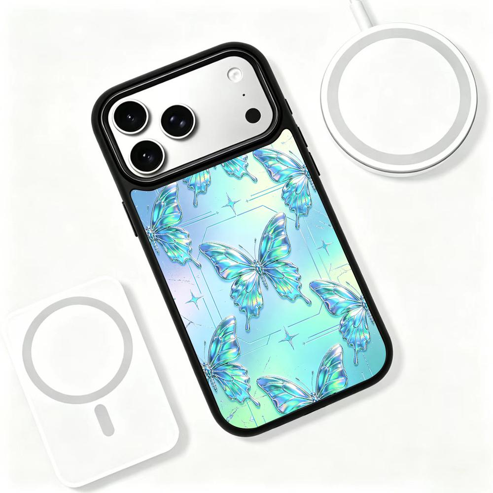 Compatible with iPhone 18 Pro & 17 Pro Colorful Painting PC Silicone Magnetic Phone Case - Mint Aurora Butterfly
