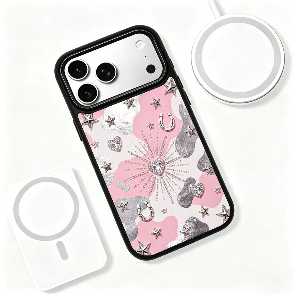 Compatible with iPhone 18 Pro & 17 Pro Colorful Painting PC Silicone Magnetic Phone Case - Pink Silver Heart Star Pattern