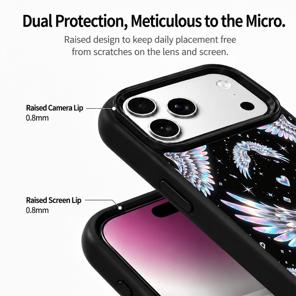 Compatible with iPhone 18 Pro & 17 Pro Colorful Painting PC Silicone Magnetic Phone Case - Holographic Silver Wing Heart Print