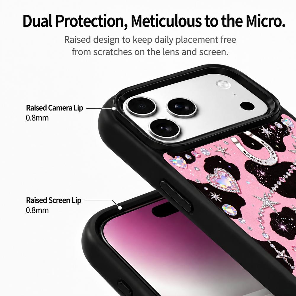 Compatible with iPhone 18 Pro & 17 Pro Colorful Painting PC Silicone Magnetic Phone Case - Black Pink Cow Silver Pattern