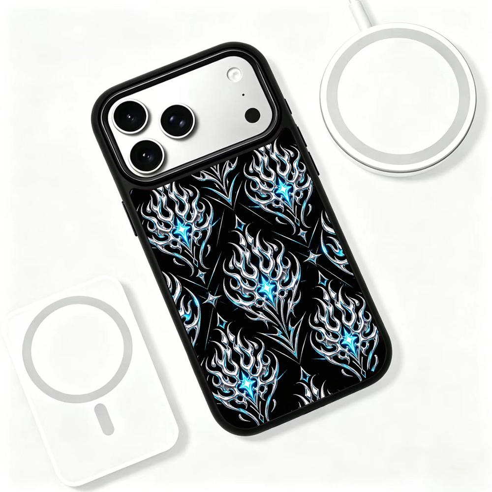 Compatible with iPhone 18 Pro Max & 17 Pro Max Colorful Painting PC Silicone Magnetic Phone Case - Ice Flame Pattern