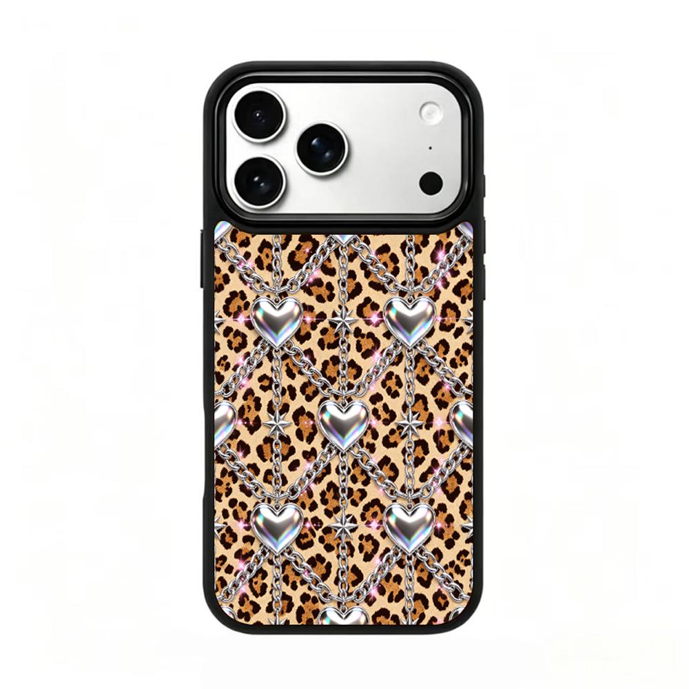 Compatible with iPhone 18 Pro Max & 17 Pro Max Colorful Painting PC Silicone Magnetic Phone Case - Wild Leopard Silver Chain Sweetheart Pattern