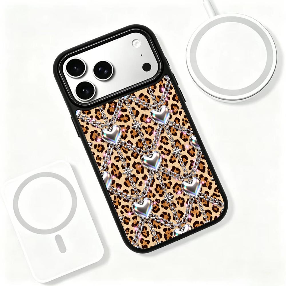 Compatible with iPhone 18 Pro Max & 17 Pro Max Colorful Painting PC Silicone Magnetic Phone Case - Wild Leopard Silver Chain Sweetheart Pattern