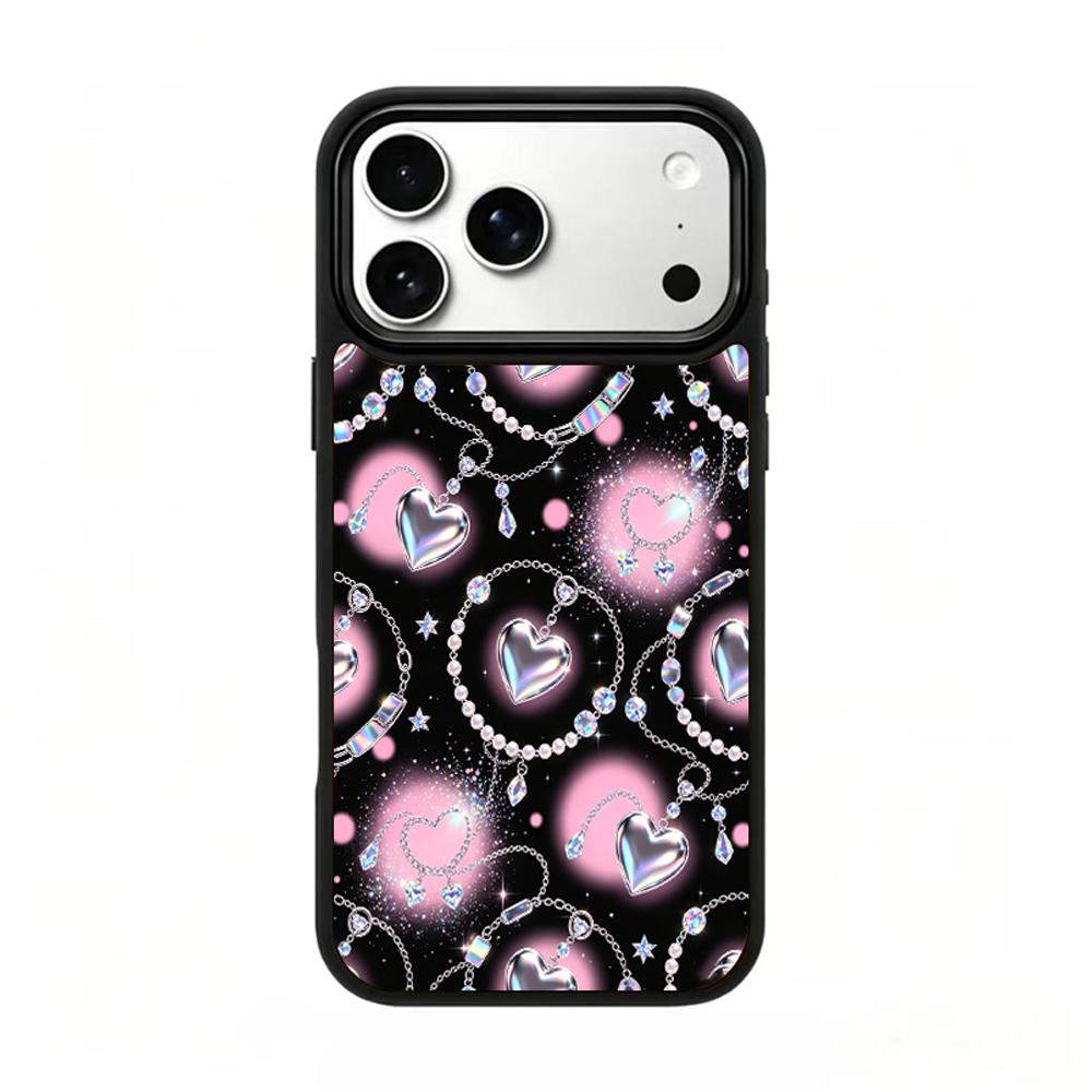 Compatible with iPhone 18 Pro Max & 17 Pro Max Colorful Painting PC Silicone Magnetic Phone Case - Soft Pink Pearlescent Chain Heart Pattern