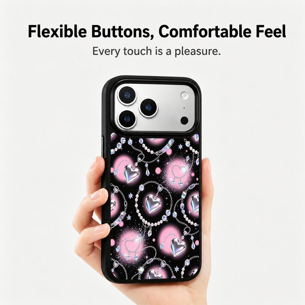 Compatible with iPhone 18 Pro Max & 17 Pro Max Colorful Painting PC Silicone Magnetic Phone Case - Soft Pink Pearlescent Chain Heart Pattern