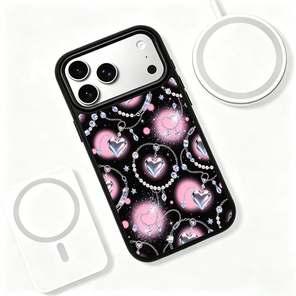 Compatible with iPhone 18 Pro Max & 17 Pro Max Colorful Painting PC Silicone Magnetic Phone Case - Soft Pink Pearlescent Chain Heart Pattern