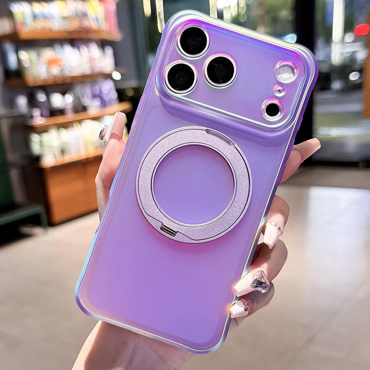 Compatible with iPhone 18 Pro Iris Mirror Magnetic Ring Holder Phone Case - Purple