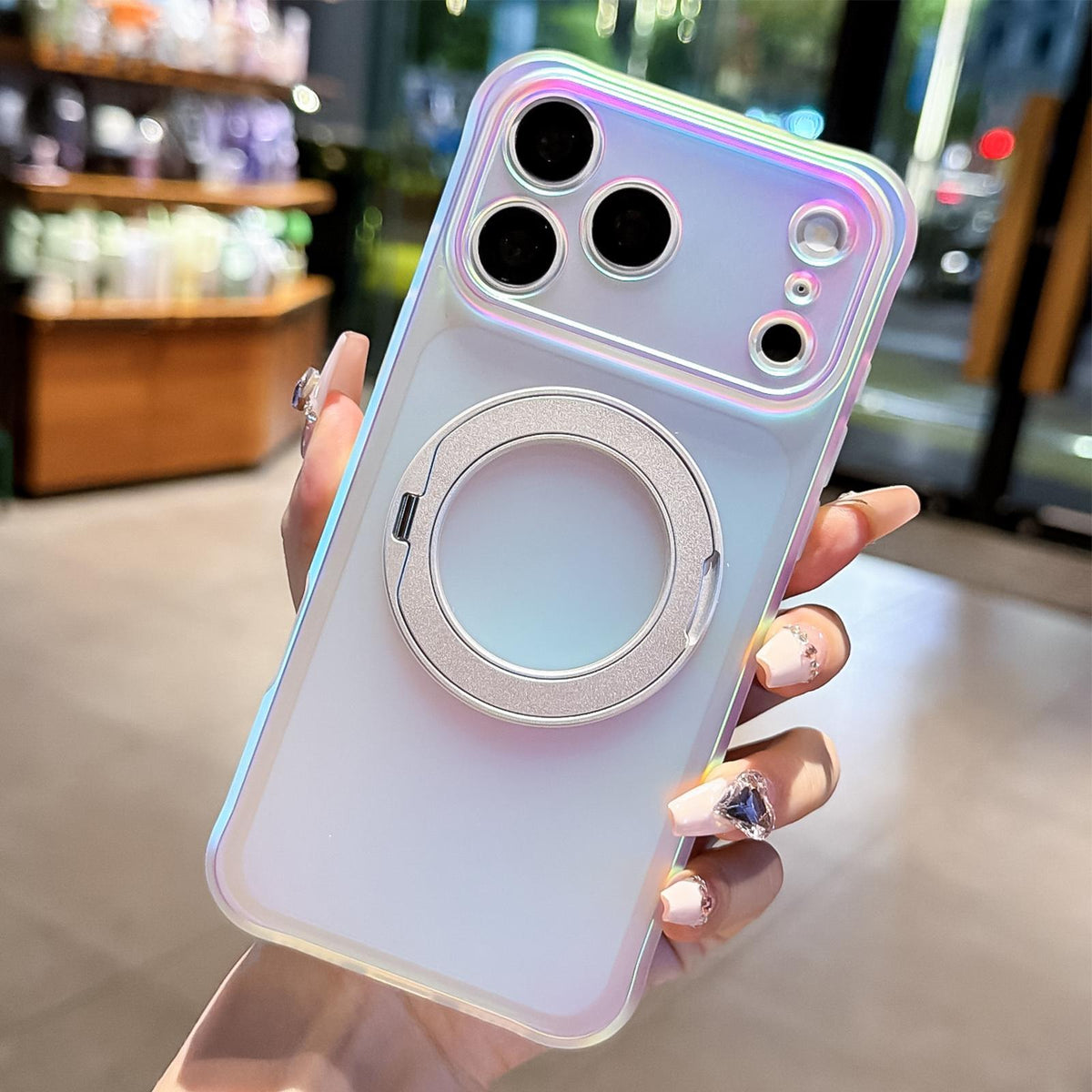 Compatible with iPhone 18 Pro Max Iris Mirror Magnetic Ring Holder Phone Case - White