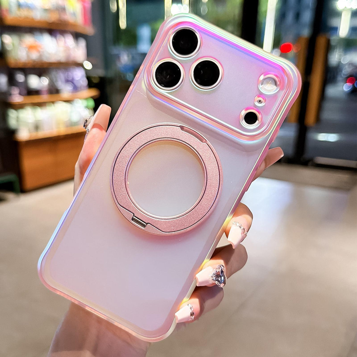 Compatible with iPhone 18 Pro Max Iris Mirror Magnetic Ring Holder Phone Case - Pink
