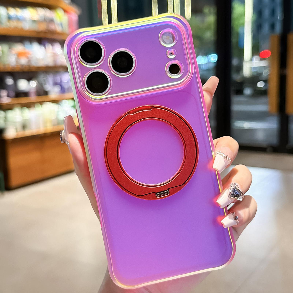 Compatible with iPhone 18 Pro Max Iris Mirror Magnetic Ring Holder Phone Case - Aurora Red