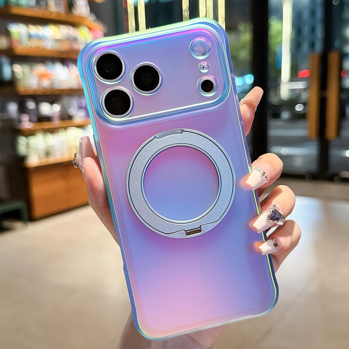 Compatible with iPhone 18 Pro Max Iris Mirror Magnetic Ring Holder Phone Case - Ice Blue