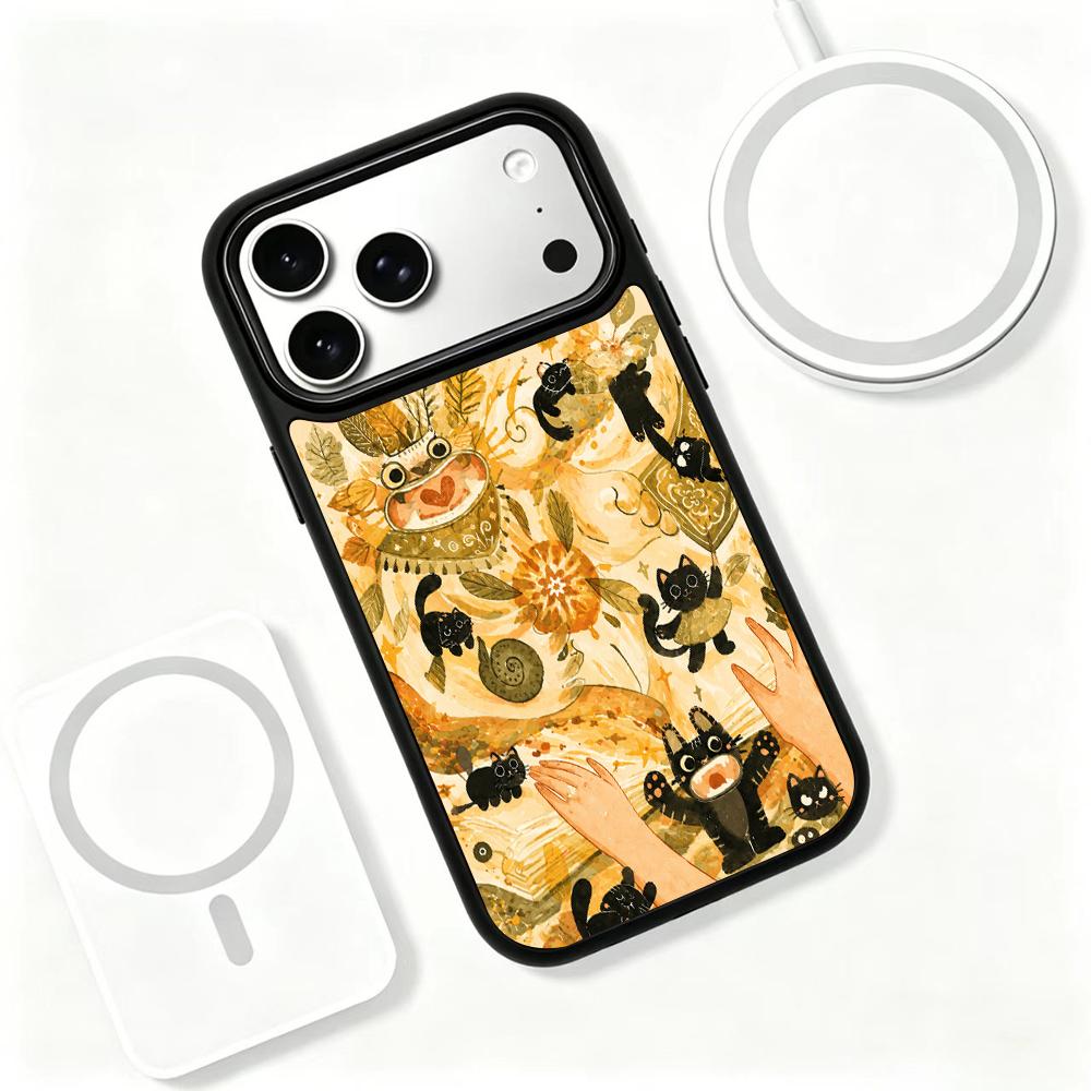 Compatible with iPhone 18 Pro Max & 17 Pro Max Earth Series PC Silicone Magnetic Phone Case - Earthy Black Cat